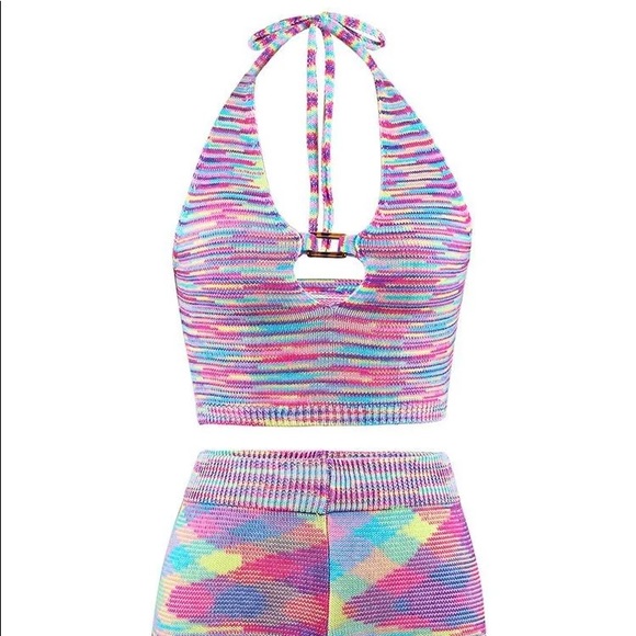 Contrast Hollow Out Halter Knit Crop Top w Shorts - Picture 4 of 5